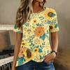 Women's Round Neck Short Sleeve Floral Print T Shirt Top with Button Detail Casual Lightweight Summer Blouse