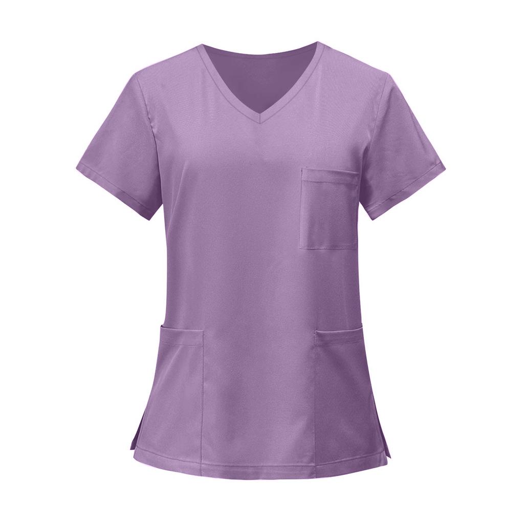 Women's Fashion Short Sleeve V Neck Pattern Tops Pocket Working T-shirts