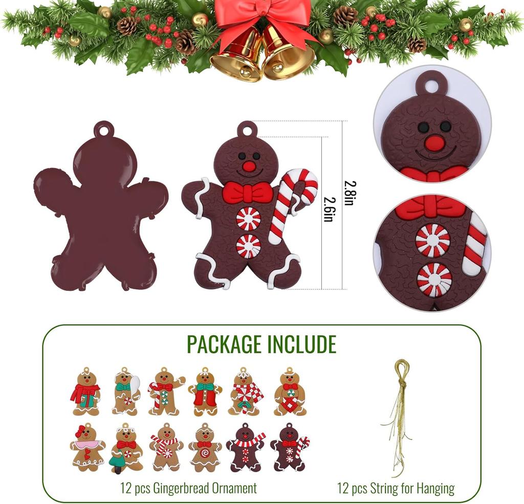 12pcs Gingerbread Man Ornaments for Christmas Tree, Assorted Gingerbread Ornaments, Gingerbread Christmas Ornaments