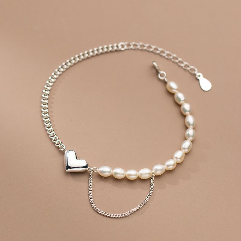 Punk Style 925 Sterling Silver Chain Jewelry Bracelets Quality Fresh Water Pearl Beads Heart Charm Bracelets for MOM Gifts