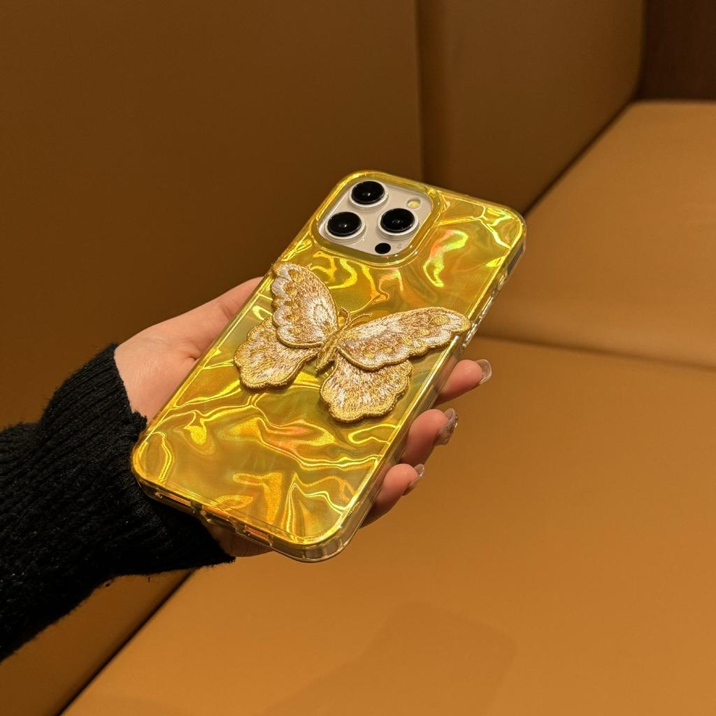 iPhone 14/13 ProMax Laser Fantasy Golden Butterfly Water Ripple Case for Cross-Border Use.