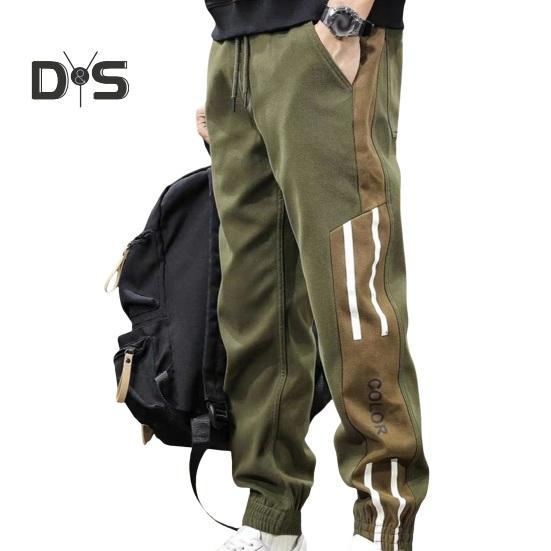 Spring Fall Men Cargo Pants Loose Drawstring Elastic Waist Pockets Ankle-banded Contrast Color Patchwork Sport Trousers Daily Wear Harem Pants