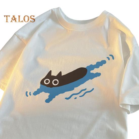 

Повседневная футболка для пары с рисунком черной кошки, футболка с круглым вырезом, свободный летний топ для мужчин и женщин, домашняя спортивная одежда для улицы M белый