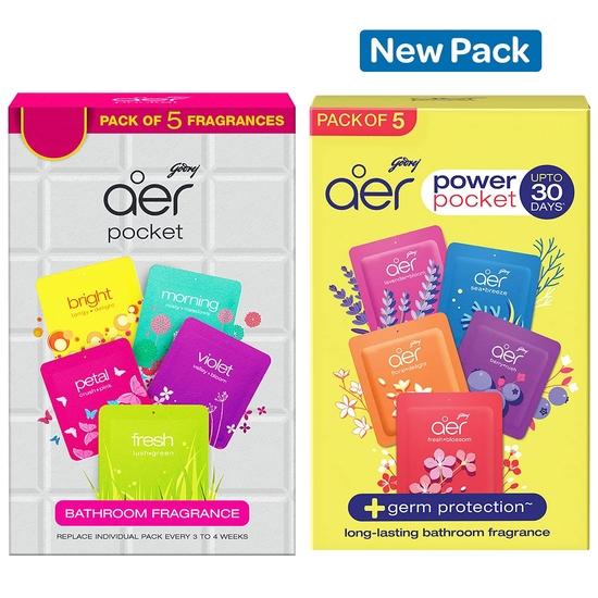 Godrej Aer Power Pocket | Lufterfrischer – Badezimmer und Toilette | Hält bis zu 30 Tage | Sortierte Packung mit 5 Stück (50 g) & Smart Matic Nachfüllpackung | Leidenschaft (225ml)