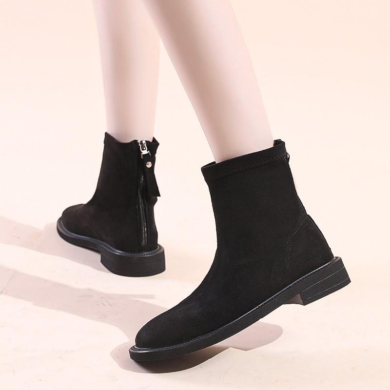 Large Size Low Heel Simple Short Boots Women's 2025 Korean Version of the New Suede Rear Zipper Thick Heel Thin Short Martin Boots