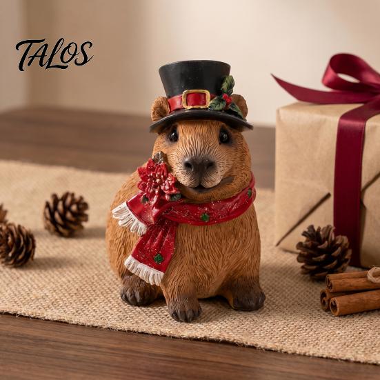 Cozy Interior Decor Pieces Christmas Capybara Resin Figurine, Statue with Santa Hat Scarf Wreath, Miniature Figures for Display Cute Tabletop Ornament