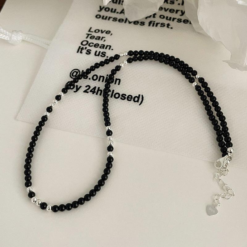Korean version of fever with the same black agate beaded flash necklace Korean style INS personalized fashion collarbone chain 925 sterling silver