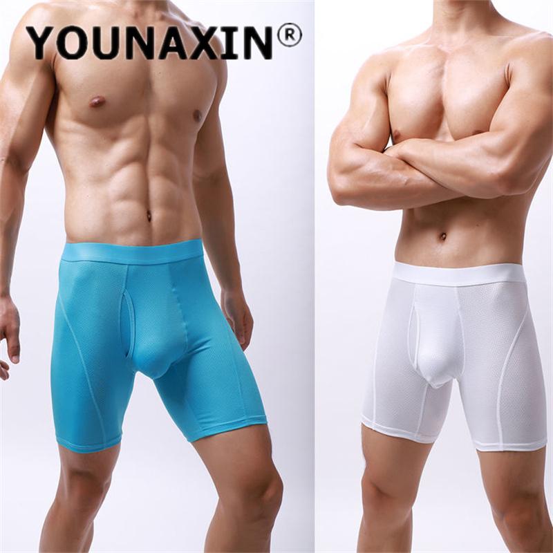 Men's Panties Long Leg Boxer Briefs Ice silk Underwear Shorts Breathable Mesh U-convex Underpants S M L XL