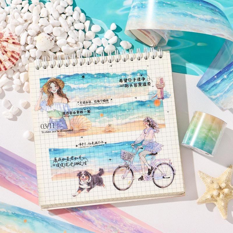 Ocean Wave Decorative Tape Pet Masking Tape Self-Adhesive Waterproof Sticker For Journal Scrapbook Diy Craft Decoration