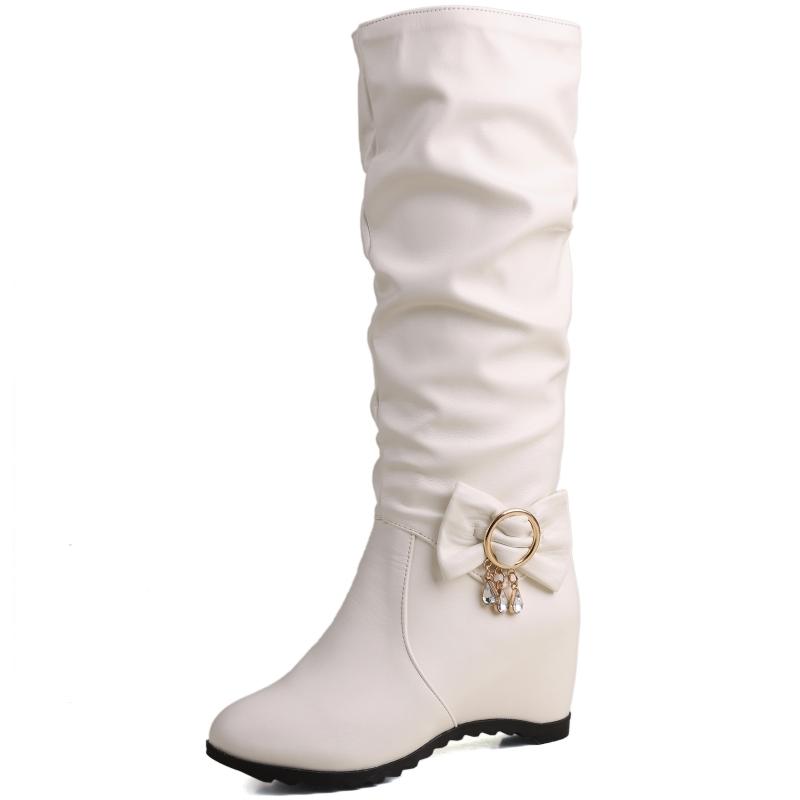 

Модные женские ботфорты до колена Черные Белые Коричневые На танкетке Женские Ботинки На танкетке Декоративные Обувь Женская Большого размера 34 белый