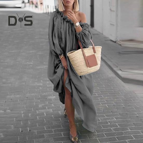 Damenkleid mit schrägem Halsausschnitt, gerafften langen Laternenärmeln, lockere, reine Farbe, plissiert, volle Länge, Urlaub, Strand, Robe, Maxikleid