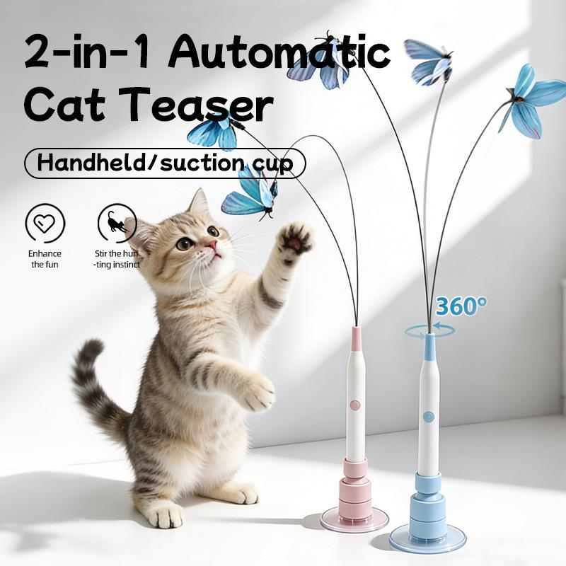 80cm Long Flexible Electric Butterfly Cat Wand, Auto Rotating Cat Teaser Toy, Boredom Relief Interactive Cat Play Toy
