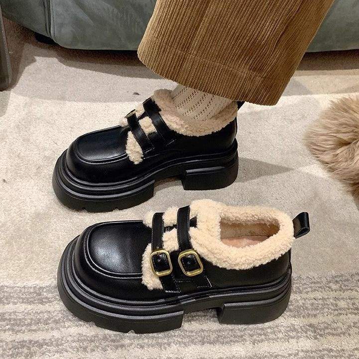 Fleece platform small leather shoes for women 2025 winter new retro British style high-heeled plush loafers for women
