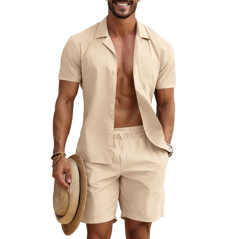 Men's Casual Solid Color Button-Down Shirt & Shorts Set - Summer Vacation Wear