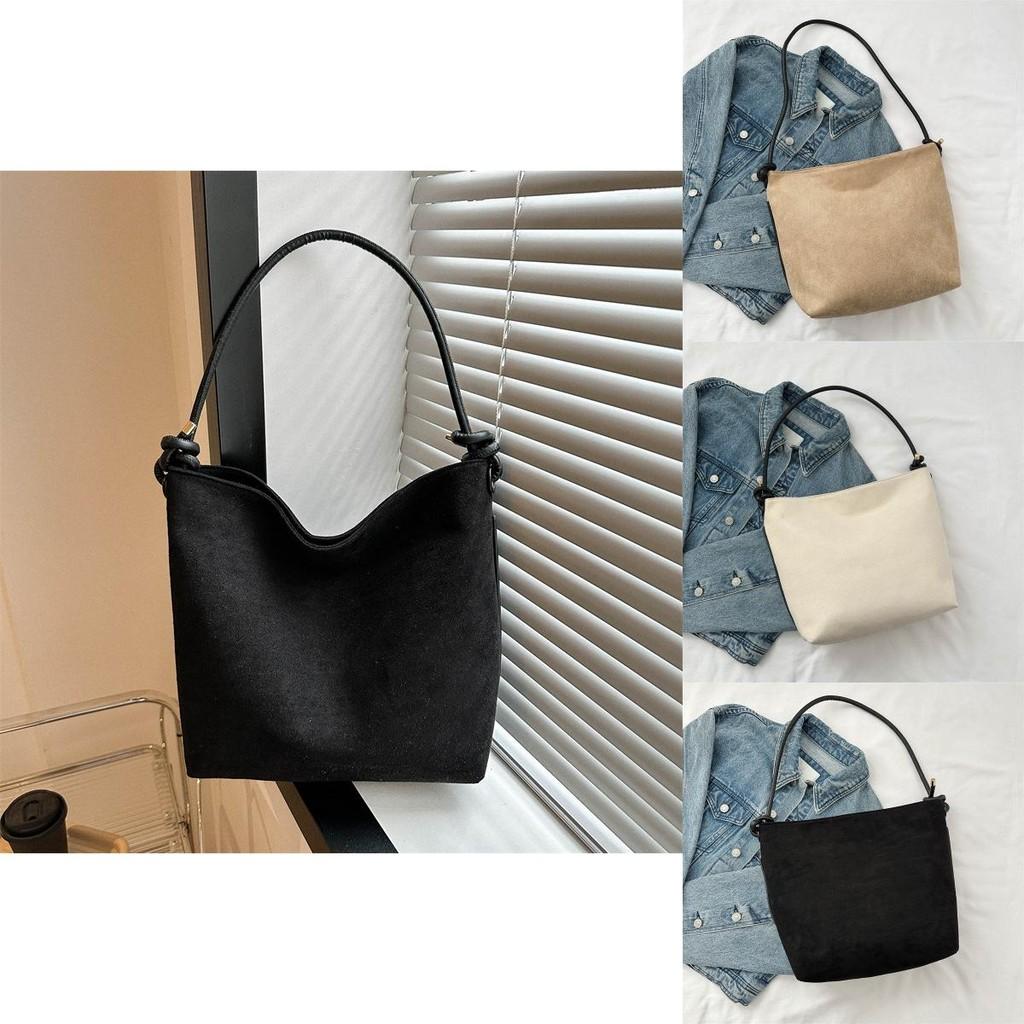 Stylish Retro Suede Bucket Bag For Women In Black Khaki And White Perfect For Casual Street Fashion