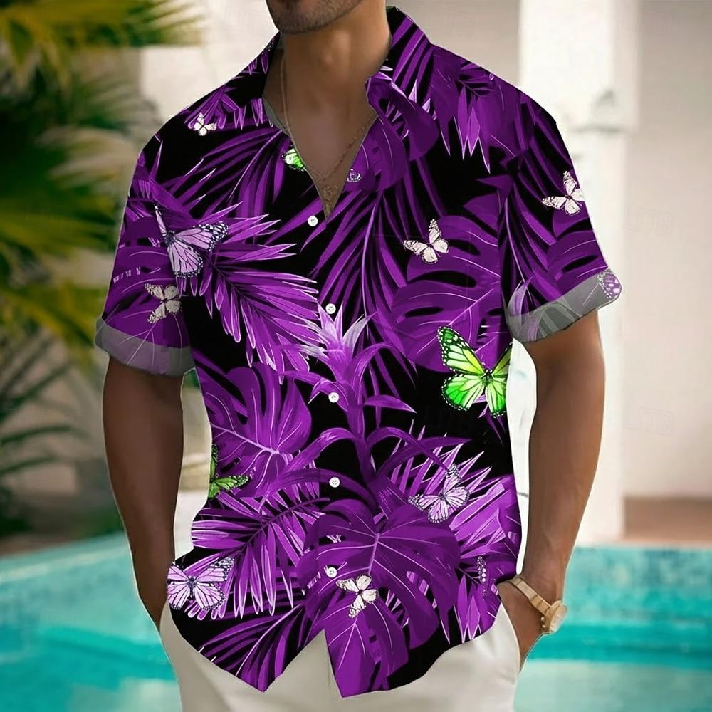 Herren Palmenblatt Tropisch Floral Hawaiianisches Hemd, Kurzarm 3D-Druckhemd mit Brusttasche