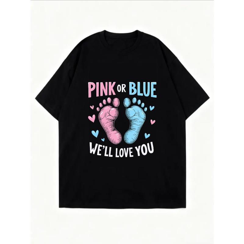 White Oversized T Shirt With Pink And Blue Baby Footprints And Text Pink Or Blue Well Love You For Gender Reveal Party And Pregnancy Announcement