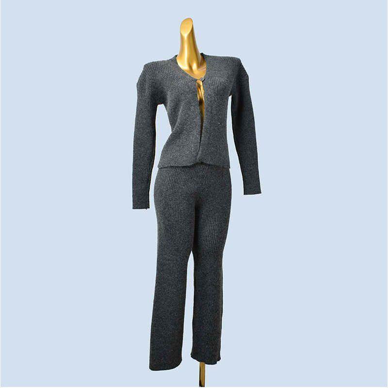 

Autumn and Winter Thick Casual Loose Pants + Long Sleeves Cardigan Two-Piece Suit Sweater Cardigan Coat Women s Clothing Dark gray One size