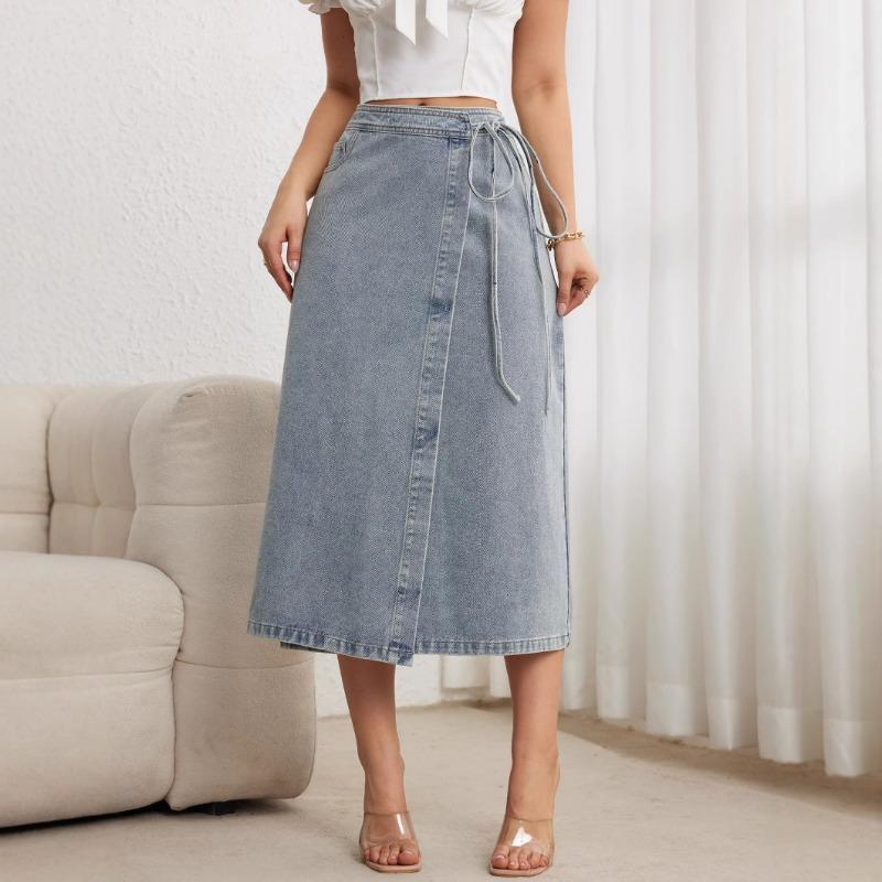 Damen S Denim Midi Rock Wickelstil Schlitz Locker Elegant Vintage