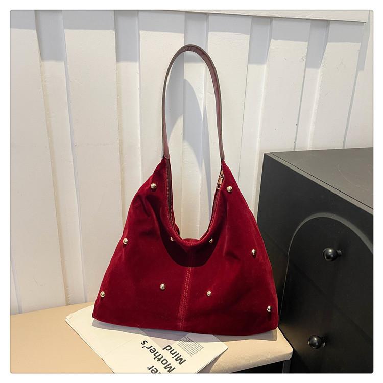 Simple Thread Design Women Faux Suede Shoulder Bags Rivet Large Capacity Ladies Handbags Commuter Female Underarm Tote Bag