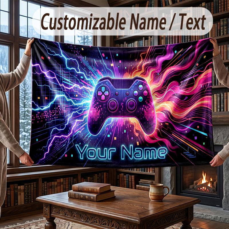 Game Controller Theme Throw Blanket Custom Name Text Personalized Blanket Soft Cozy Blanket for Home Sofa Bed