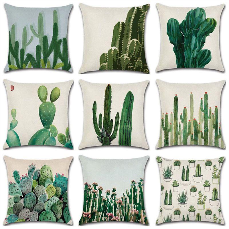 Premium Quality Cotton Linen Square Pillow Cover Featuring Tropical Cactus Design