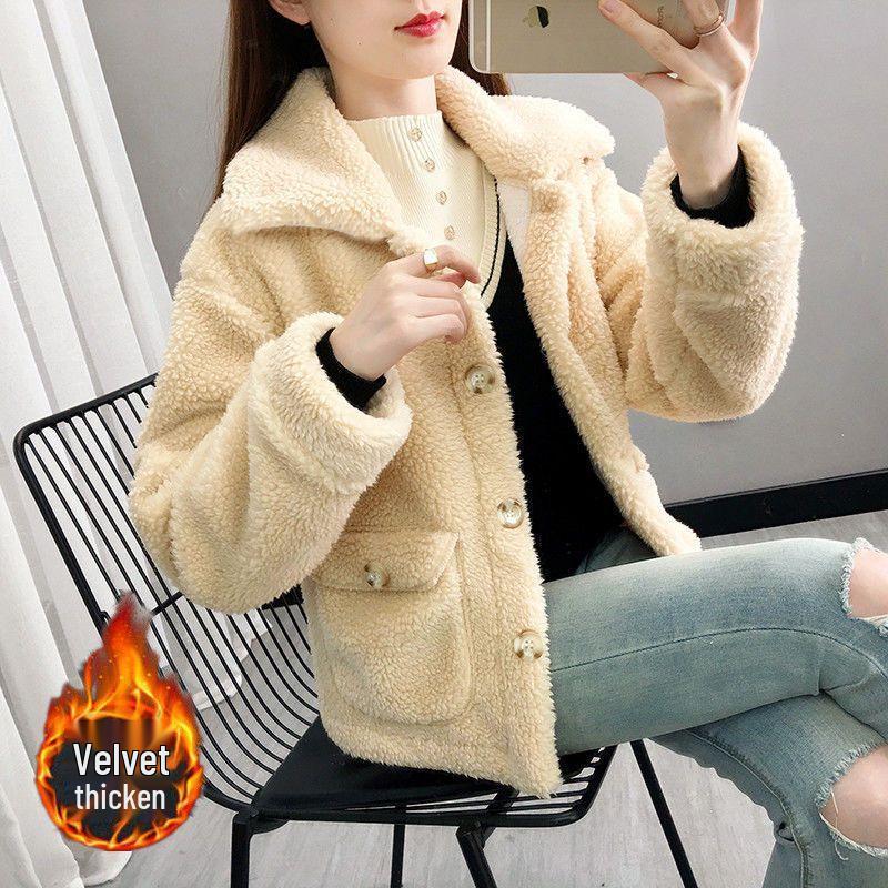 Women's Faux Lamb Wool Plush Coat - Korean-Style Loose Short Jacket for Autumn/Winter