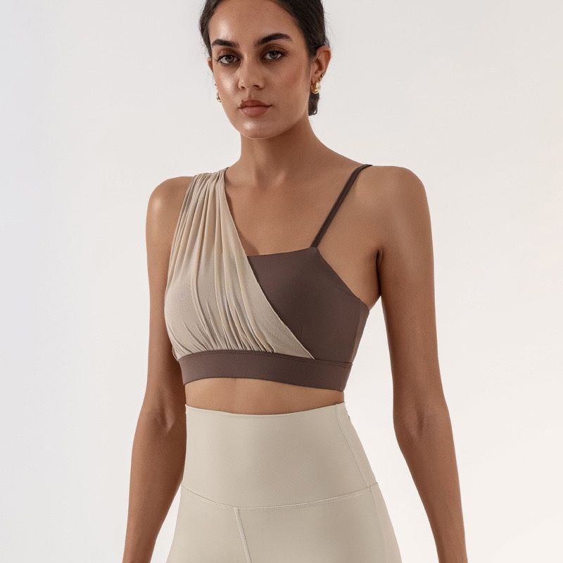 

New Mesh Patchwork Contrast Color Beauty Back Exercise Bra Women s Oblique Shoulder Bubble Wrap Running Workout Underwear Yoga Vest L Mocha