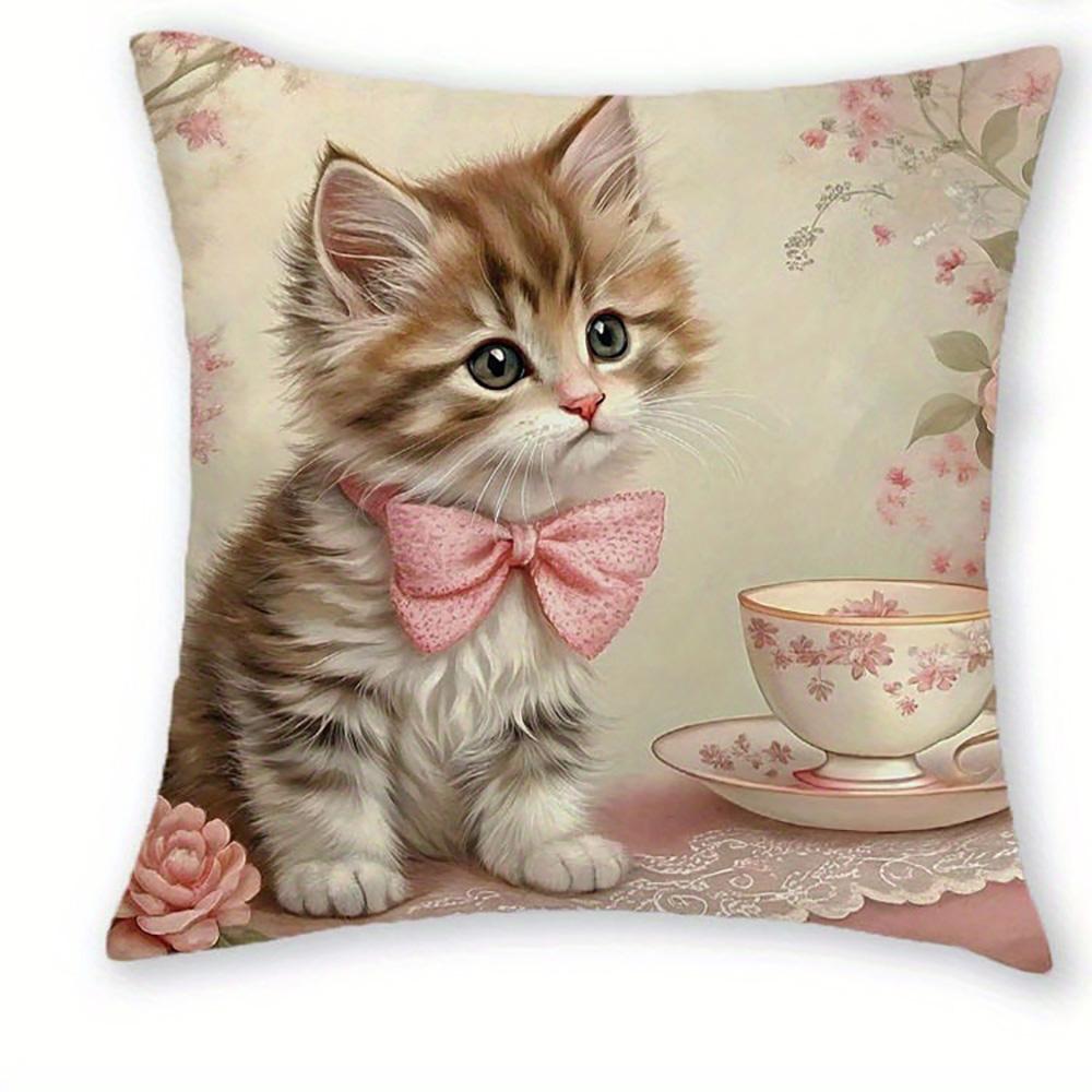 Entzückende Kätzchen-bedruckte Kissenbezüge mit rosa Schleifen und floralen Mustern Sofakissenbezug Heimzimmerdekoration 2D-Flachdruck