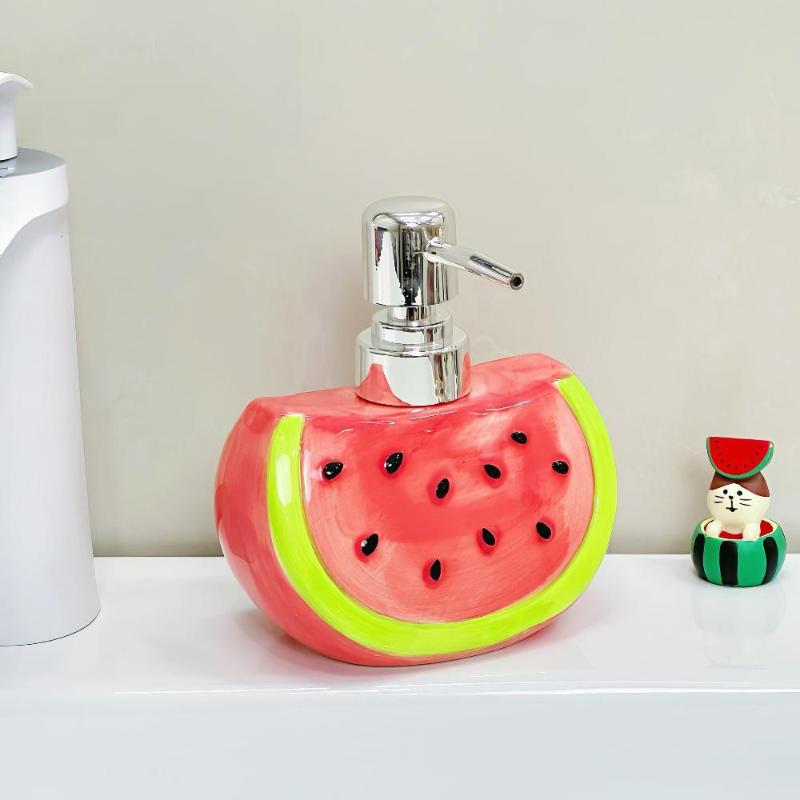 Bouteille Distributrice en Céramique en Forme de Pastèque Pour Savon à Mains, Lessive, Lotion pour le Bain, Rangement, Bouteille à Pompe Pression Créative