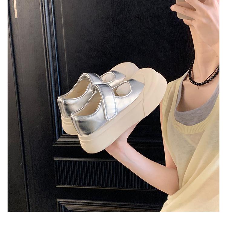 Rindslederversion~ Klettleder Ein-Pedal Dicksohlige Erhöhungsschuhe Silberne Mary Jane Einzelschuhe Muffin Weiße Schuhe