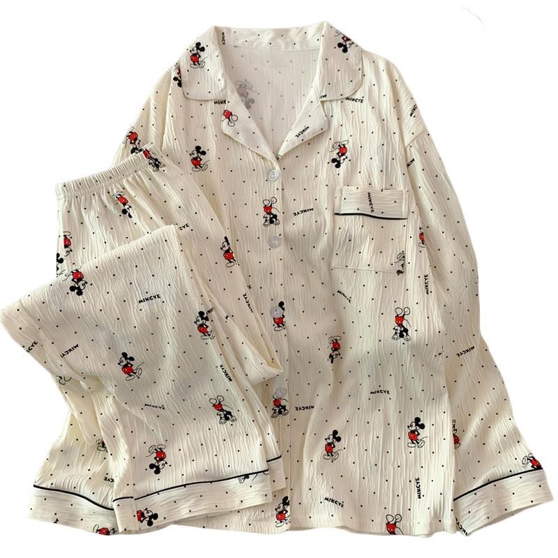 Cartoon Cute Korean Polka Dot Wrinkled Fabric Pajama Set Long Sleeve Pants Loungewear Women