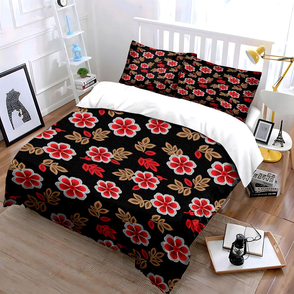 Red Floral Black Bedding Set Bedding Duvet Cover Set Duvet Cover Pillowcases (1 * Duvet Cover 2 * Pillowcases, without duvet insert)