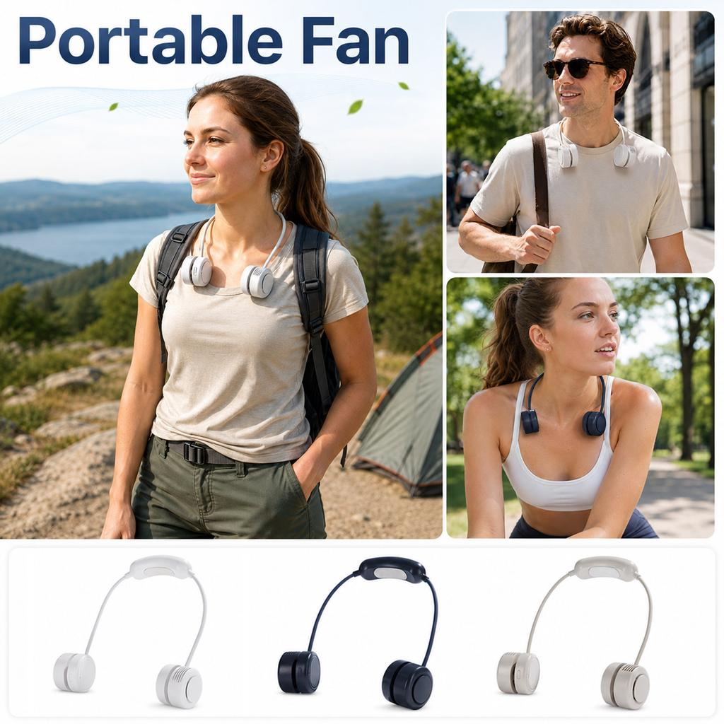 Portable Wearable Hands Free Fan for Outdoor, Travel and Use - Rechargeable Personal Fan