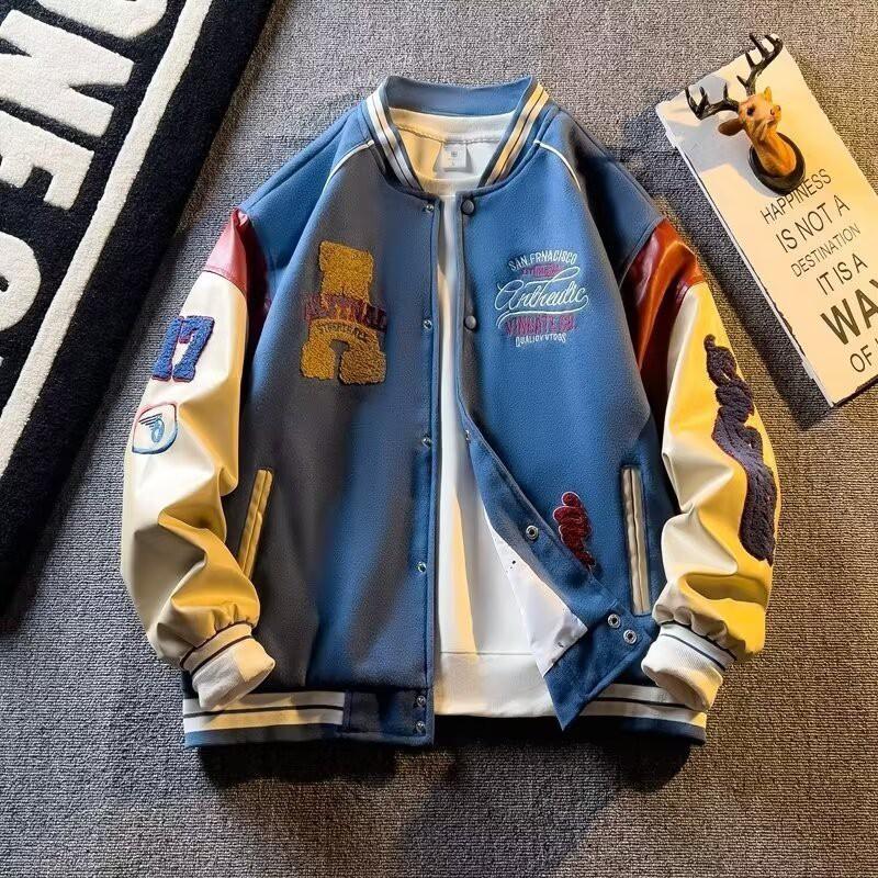 Giacca da Baseball Oversize da Uomo con Design Ricamato Streetwear Casual Vestibilità Larga Collo Alto