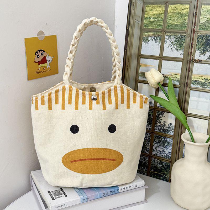 2025 Cute Cartoon Zipper Canvas Bucket Bag - Small Tote for Students and Moms