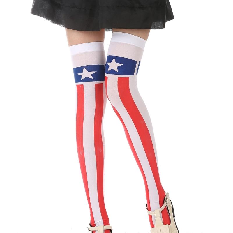 Women American Flag Star Striped Printed Over Knee Long Socks Thigh High Stockings for Independence Day Cosplay Costume