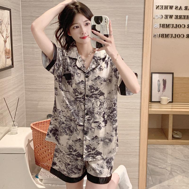 Summer High-End Ice Silk Short-Sleeved Women'S Pajamas, National Style Ink Painting, Casual Loungewear Two-Piece Set