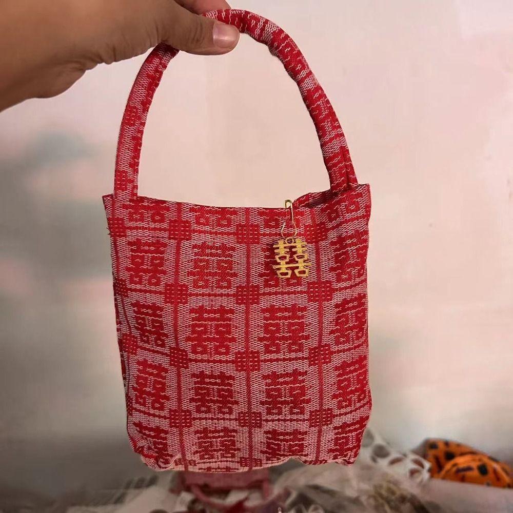 Pearl Handle Wedding Drawstring Bag Satin Bow Letter Flower Tassel Knot Wrist Bag Large Capacity Bucket Bag