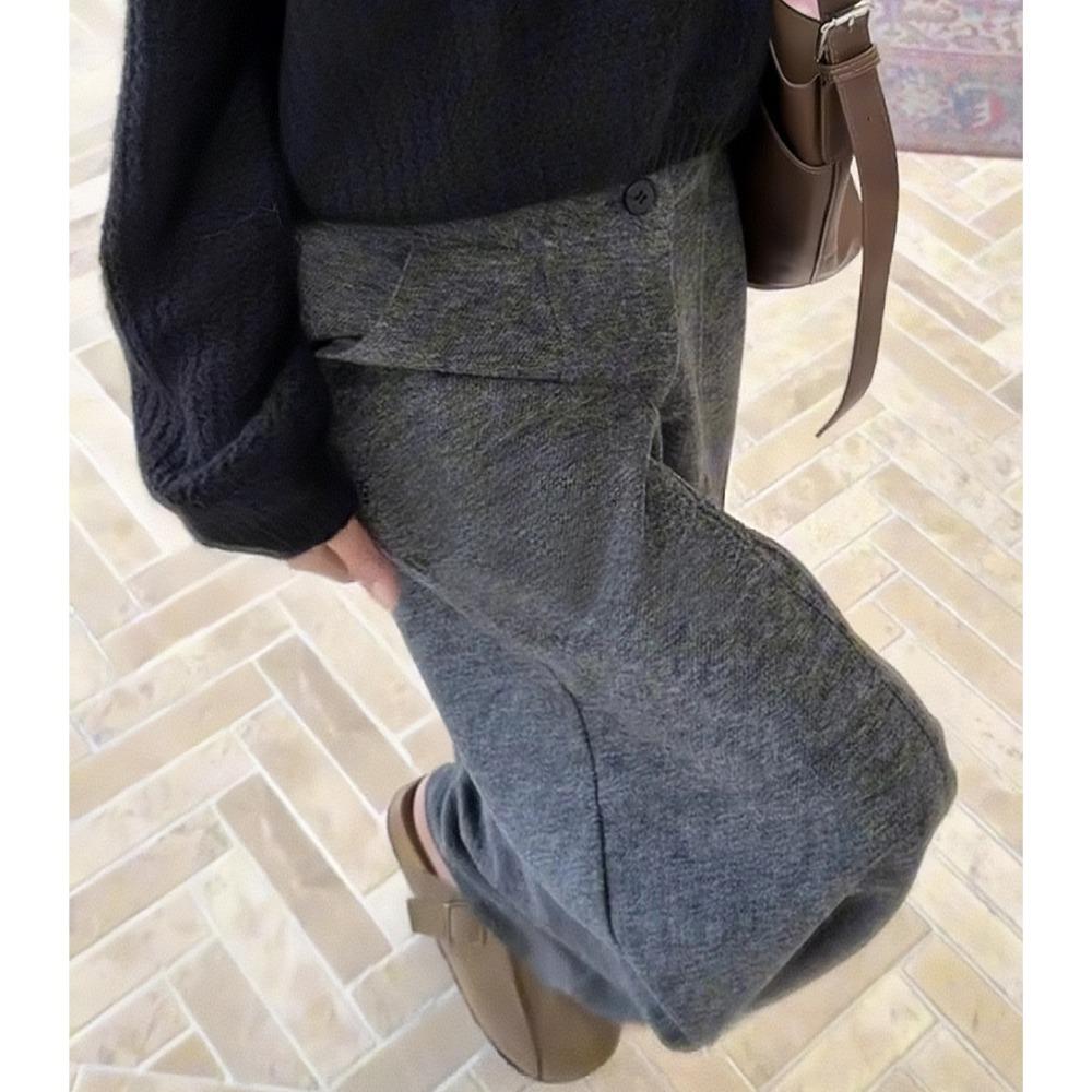 Women's High Waist Wide Leg Pants Loose Fit Casual Solid Gray Wool Blend Trousers for Winter