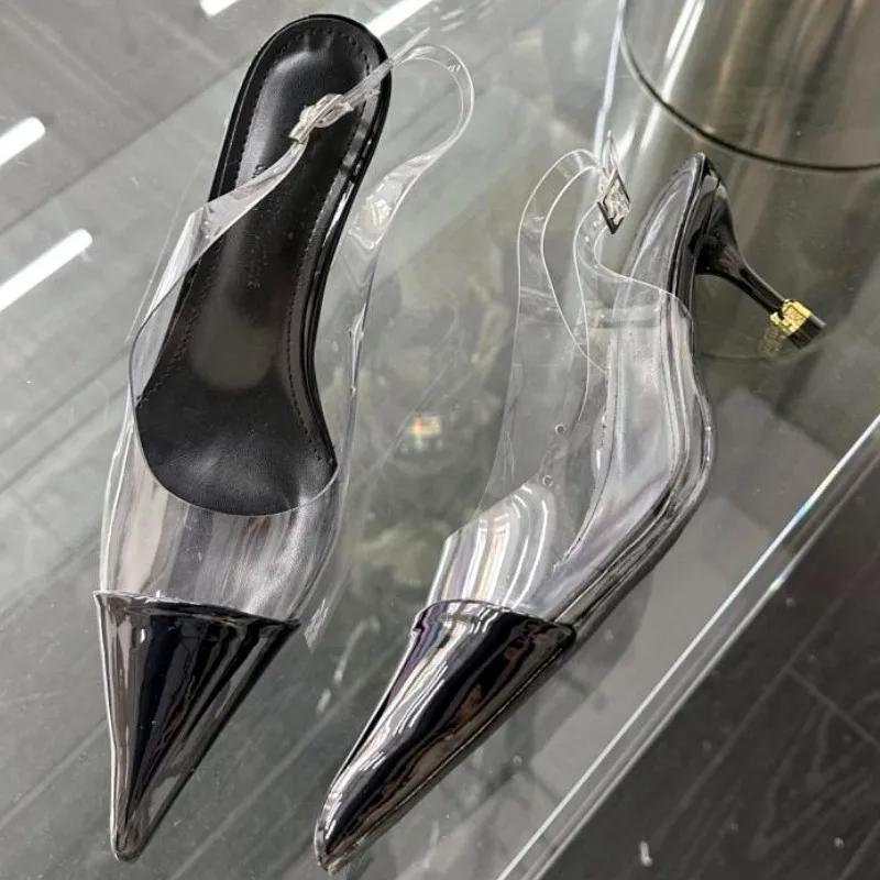 Fashion Pointed Toe Thin Heel Non-slip Women Sandals 2025 Summer Transparent PVC Mueller Shoes Fashions Elegant Buckle Strap High Heels