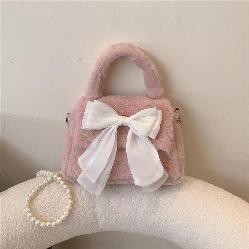 

Cute Bow 2024 New Sweet Girl Plush Bag Commuting Plush Pearl Handheld Single Shoulder Crossbody Bag White рожевий