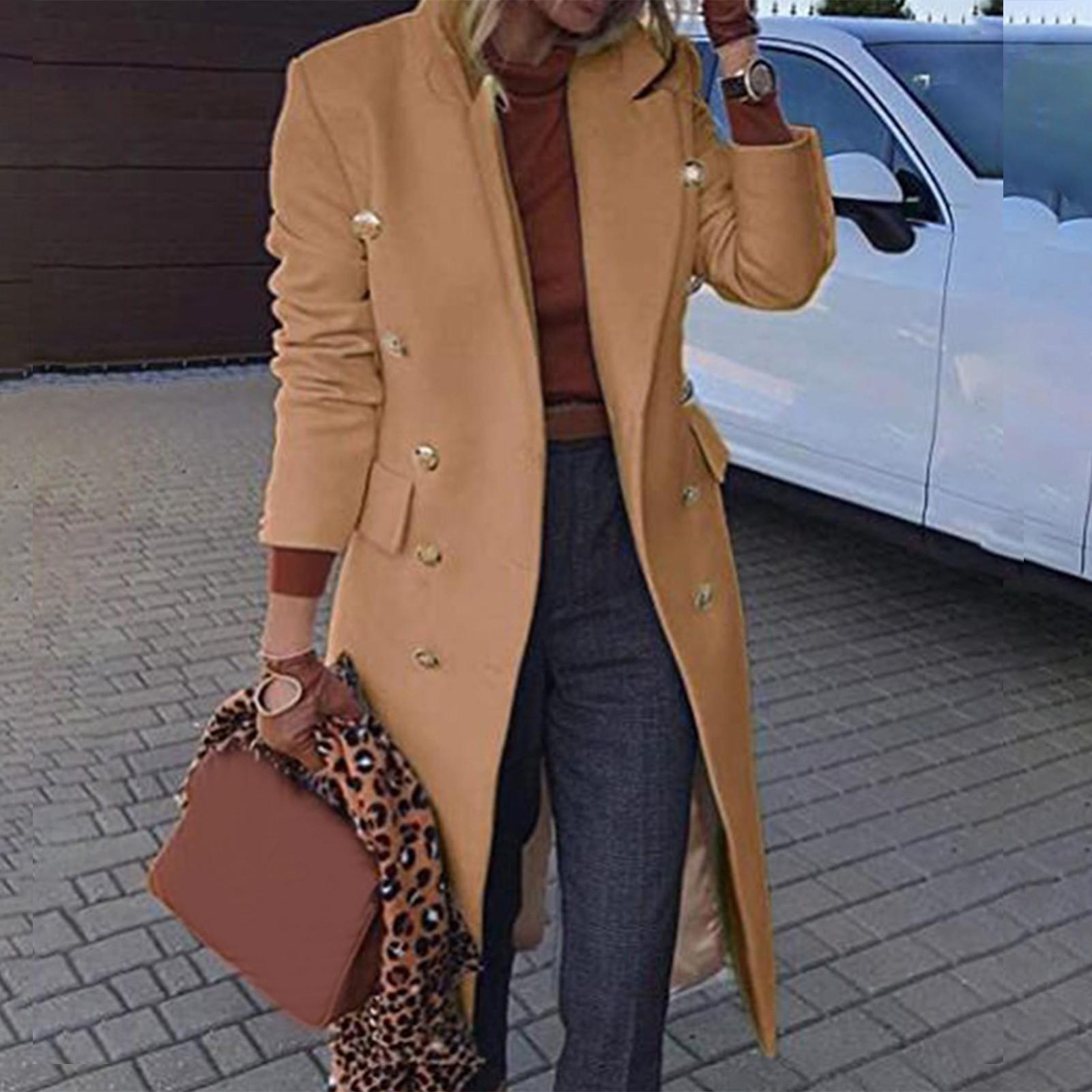 

Женская мода новое однотонное среднее и длинное шерстяное пальто с длинными рукавами и лацканами XL хаки