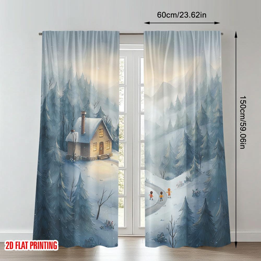 2pcs 2D flat printing Happy Christmas fashion curtains Cozy Cabin Snow Mountain Winter Digital Printed Polyester Drapes Family