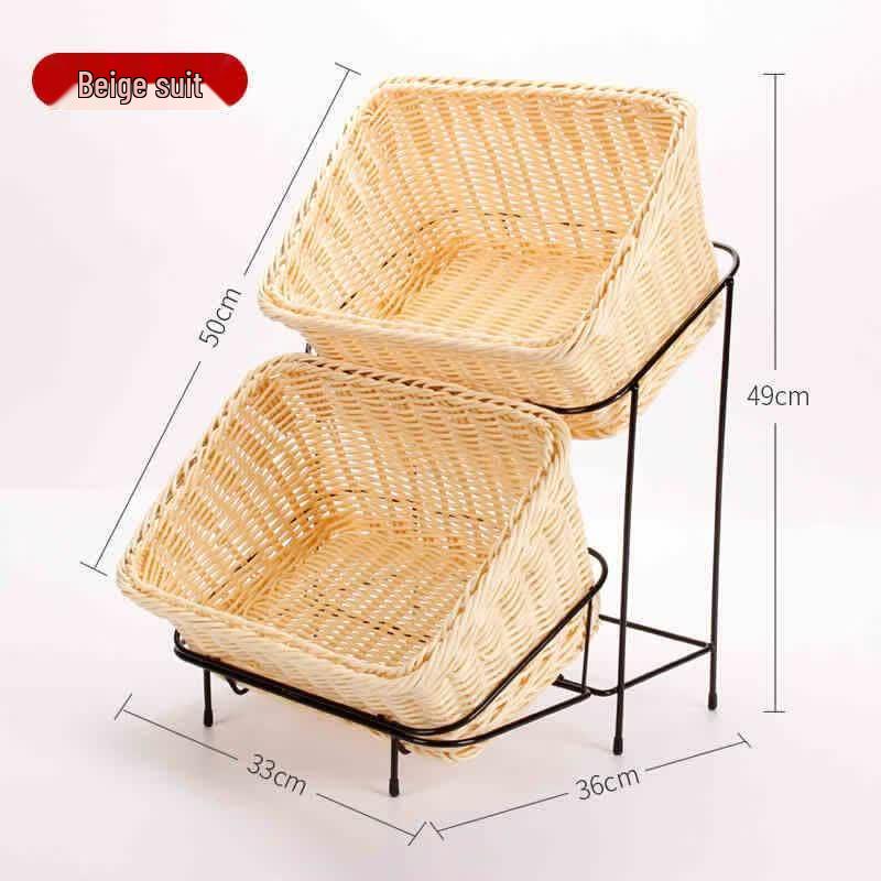 Beige Round Ceramic Two-Tier Serving Platter Set with Rattan-Style Stand