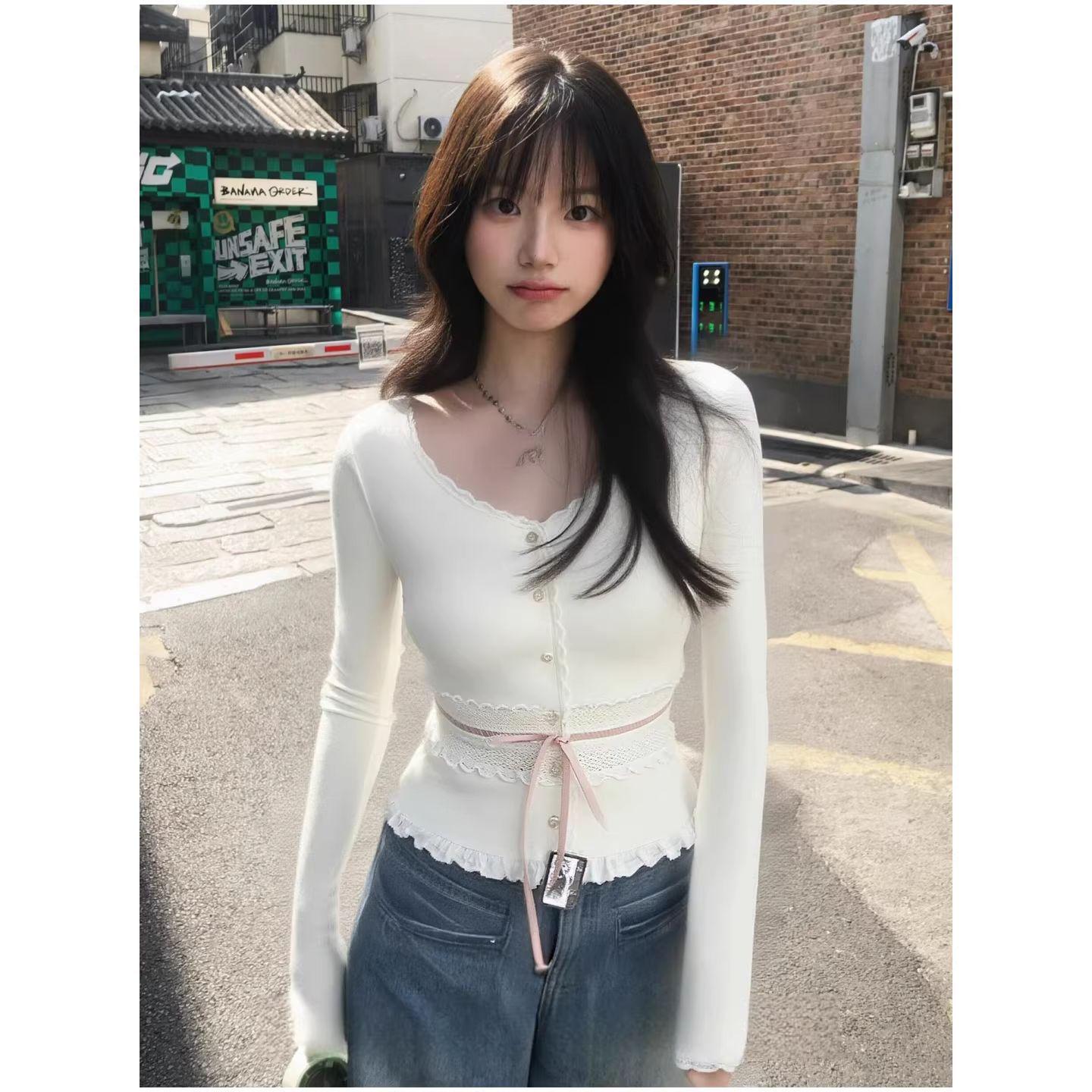 Корейский сладкий кружевной топ с V-образным вырезом, подчеркивающий талию, на шнуровке, универсальный L молочный белый