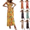 Women's Printed Backless Dress with Bow Tie Back Split Hem Maxi Dress Sleeveless Spaghetti Strap Summer Dress