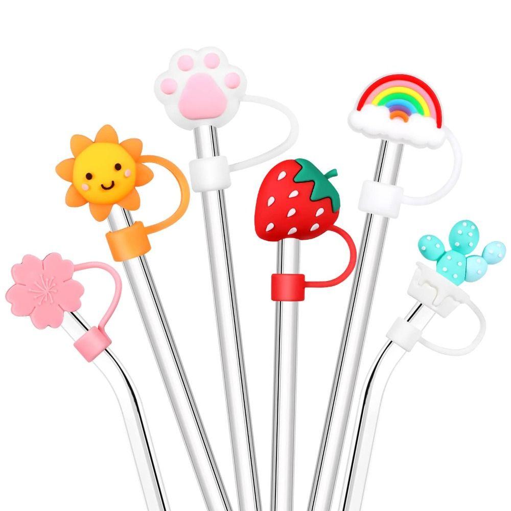 6Pcs Straw Protector Silicone Straw Cover Cap Cartoon 10mm Straw Plugs Cute Reusable Drinking Tube Tips Parties
