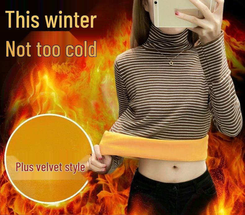 Women's Striped Fleece-Lined High Neck Base Layer Shirt - Long Sleeve Turtleneck Top for Fall/Winter