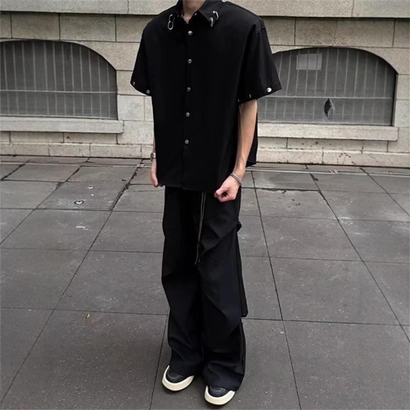 Men's Trendy Black Padded Shoulder Detachable Long Sleeve Shirt - Stylish, Rebellious Streetwear for Hairstylists.